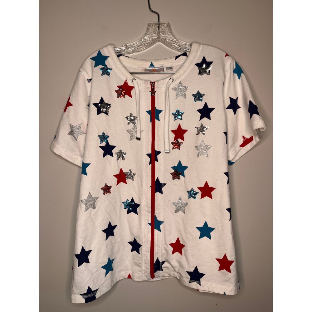 Quacker Factory 4th of July Patriotic Sequin Stars Zip Short Sleeve Jacket L